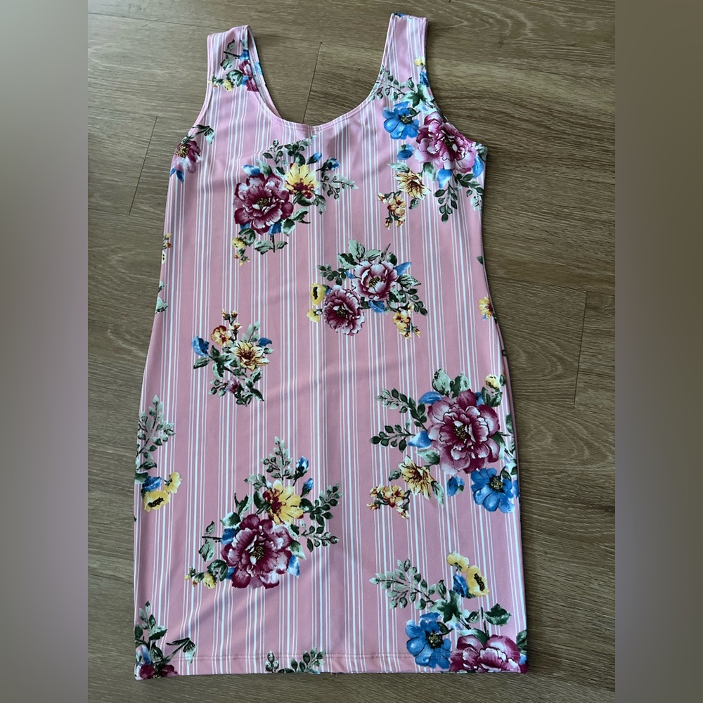 Pink Floral Striped Sleeveless Dress, size M - Picture 2 of 7